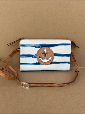 Brighton Nautical Anchor Crossbody Bag Striped Canvas Leather Blue White Beachy